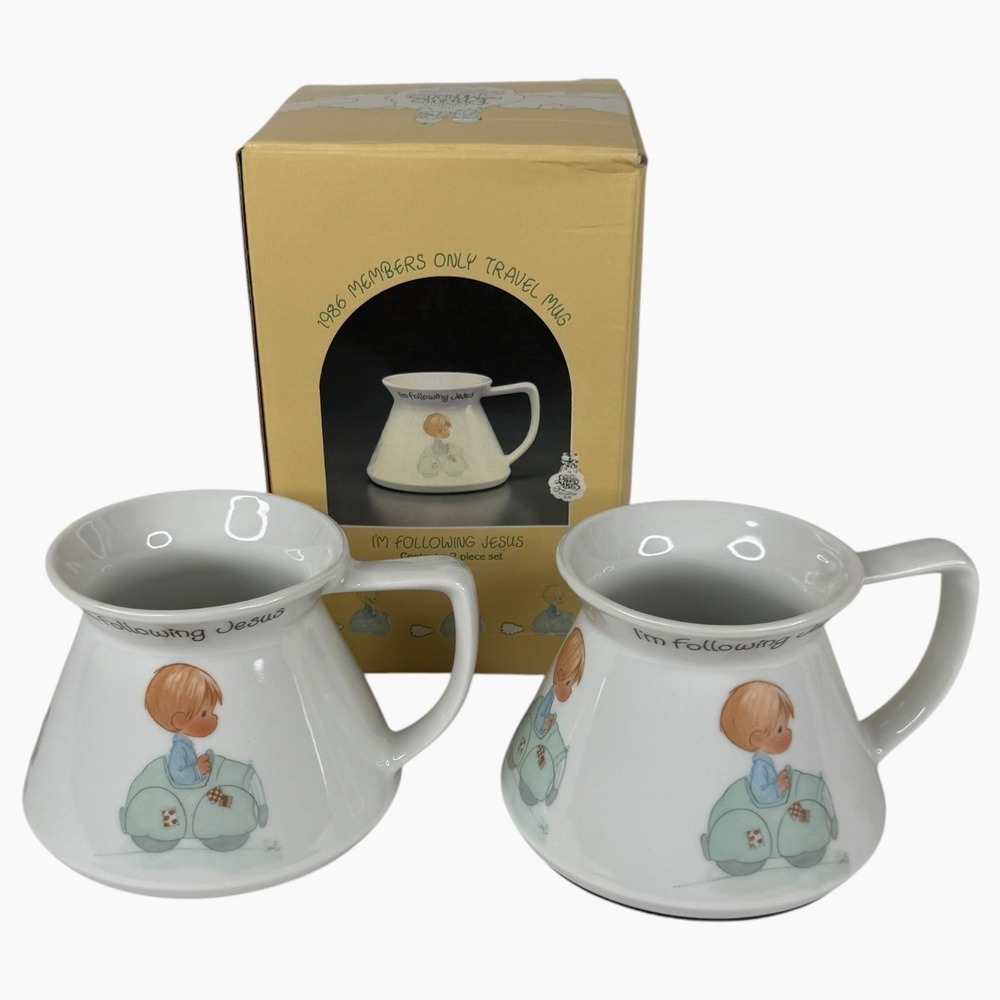2 Precious Moments Travel Mugs I'm Following Jesus Ceramic 1986 Members Only Set
